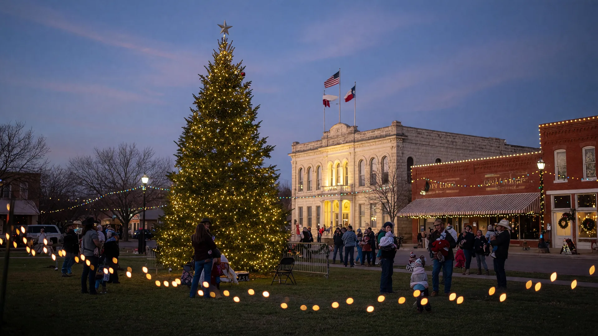 A small-town Christmas tree lighting on a historic courthouse square at dusk, families gathered around a glowing evergreen