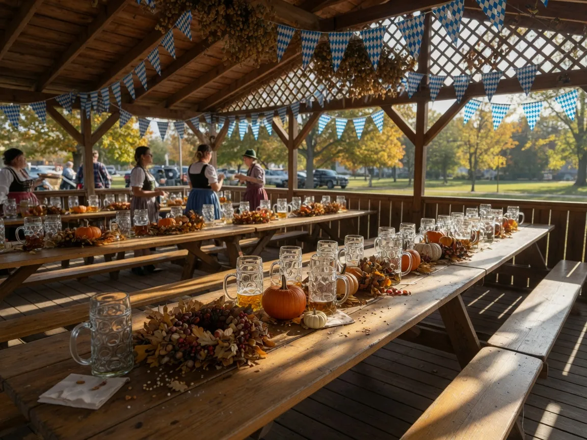 Outdoor Oktoberfest pavilion with blue and white Bavarian bunting across the rafters, long wooden tables set with beer steins, autumn wreaths, and pumpkins in warm afternoon sunlight