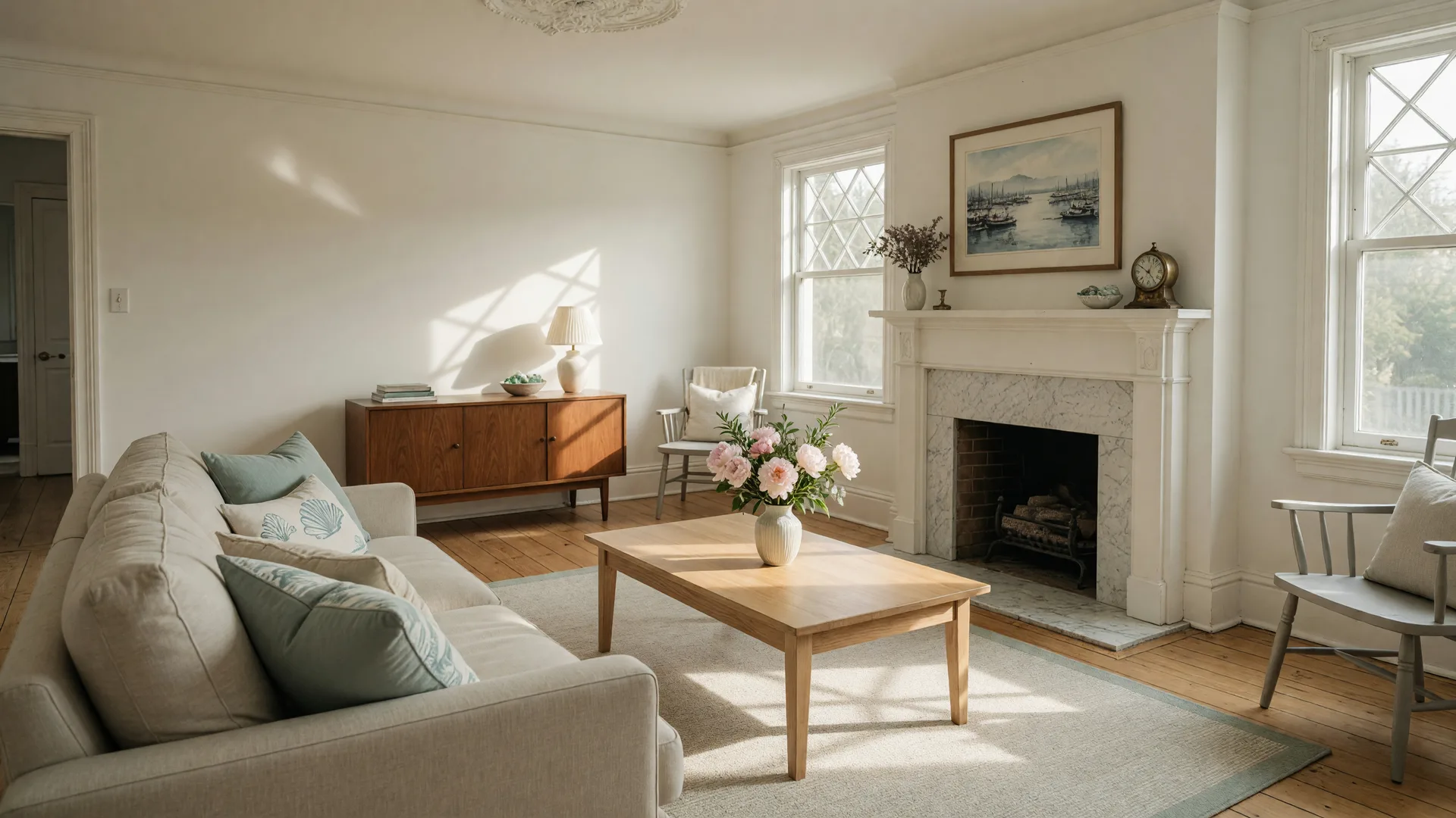 A beautifully staged living room in a Victoria home with neutral decor, flowers, and warm afternoon light