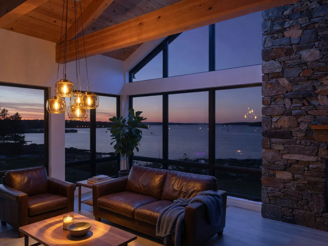 Coastal living room at dusk