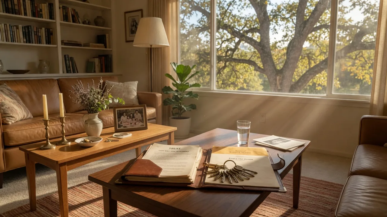 A bright living room staged for sale with trust documents and house keys on the coffee table in warm morning light