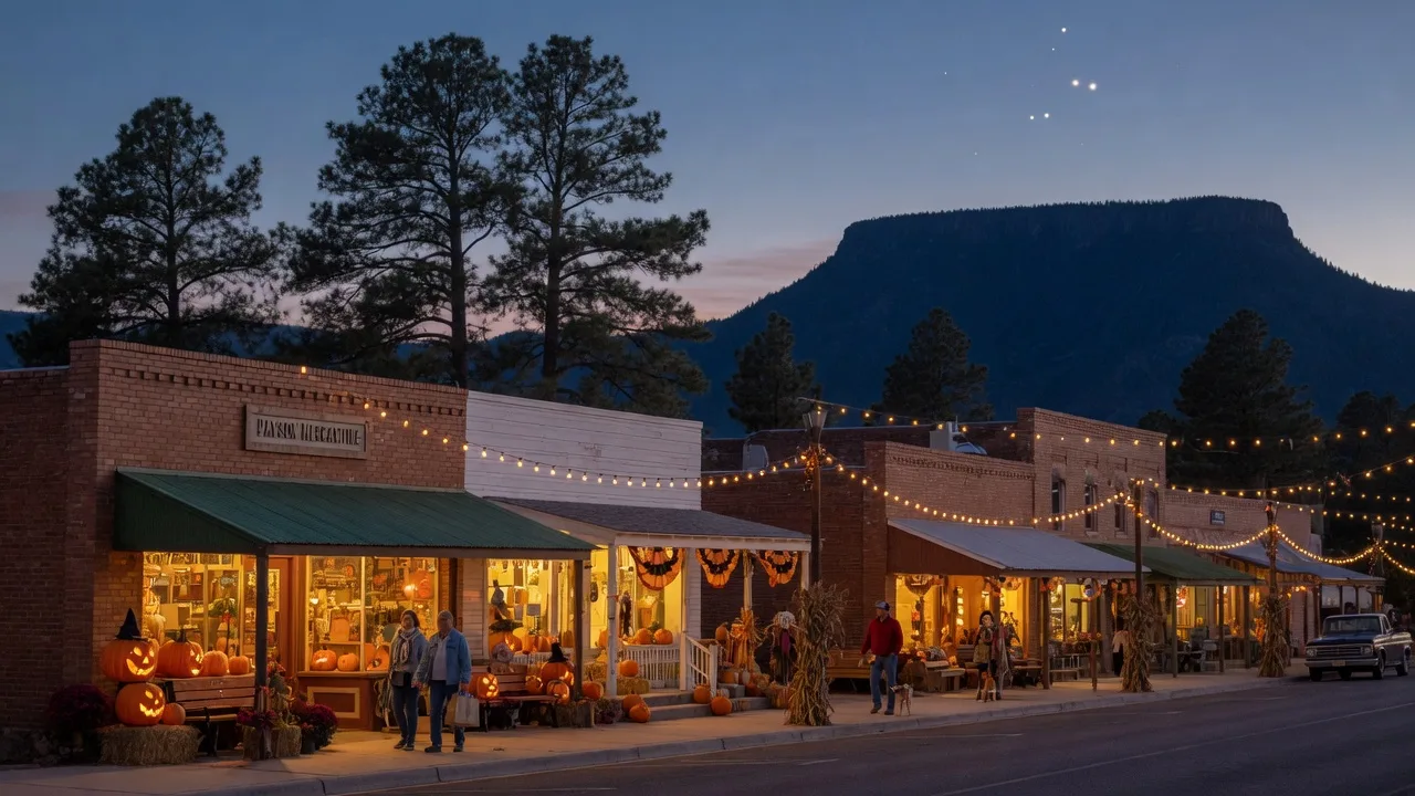 Historic Main Street in Payson, Arizona at dusk in late October, with glowing storefronts, carved jack-o'-lanterns, string lights, and the Mogollon Rim in the distance