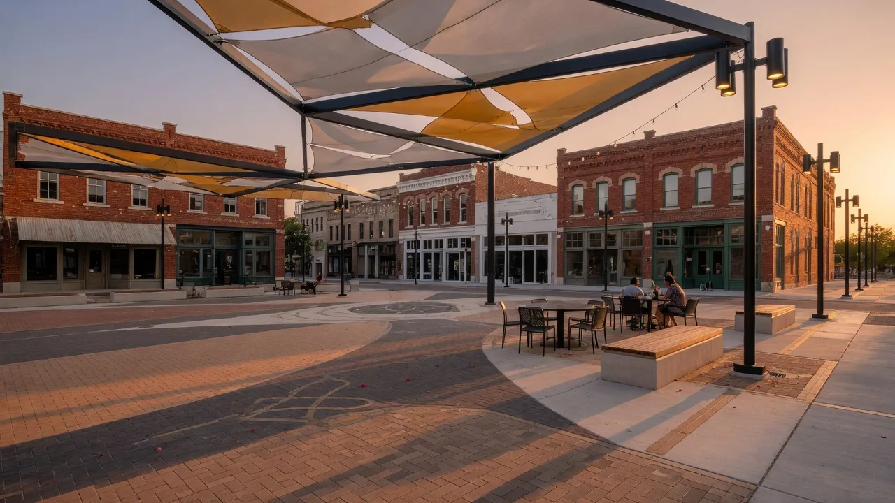Newly completed Fourth Street Plaza pedestrian plaza in downtown Frisco, Texas at golden hour