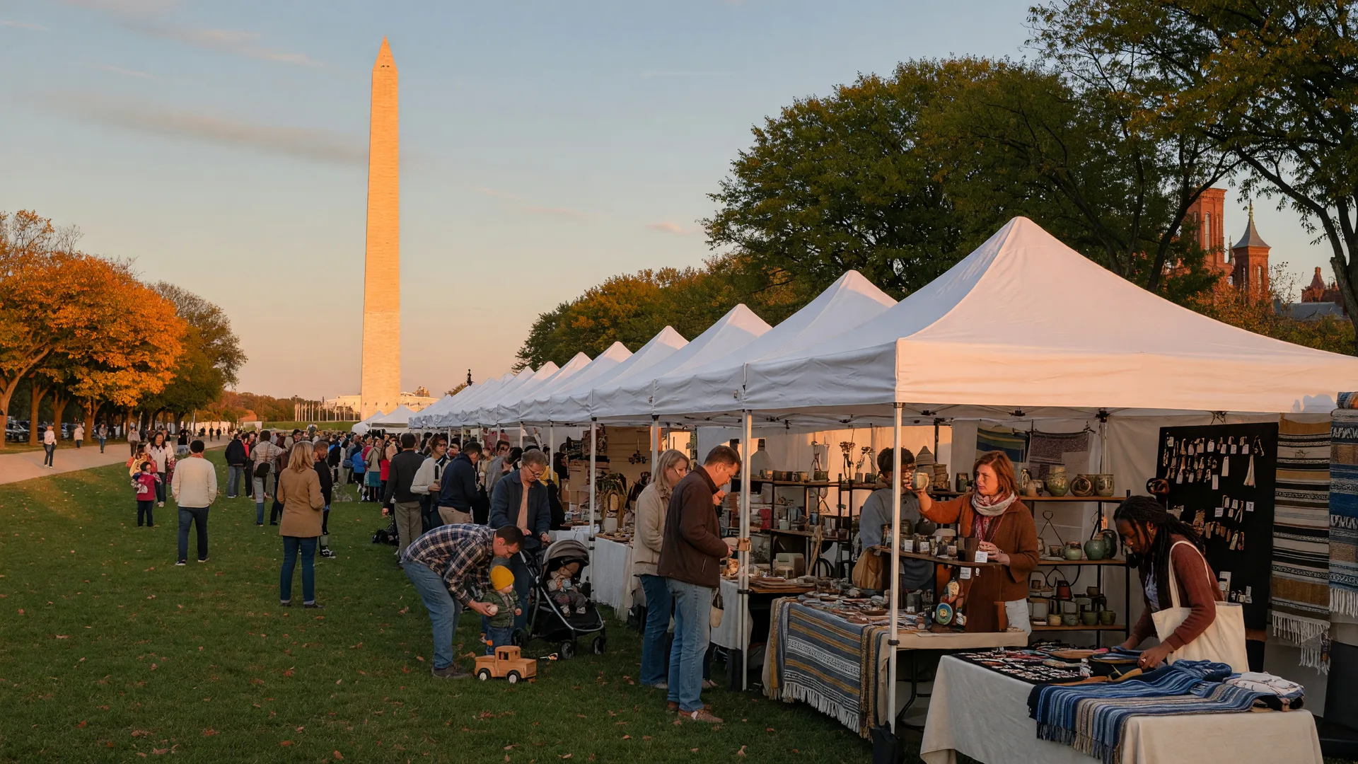 Early-autumn arts and crafts market on the National Mall in Washington DC with white canopy tents holding pottery and textiles, the Washington Monument rising behind in golden afternoon light