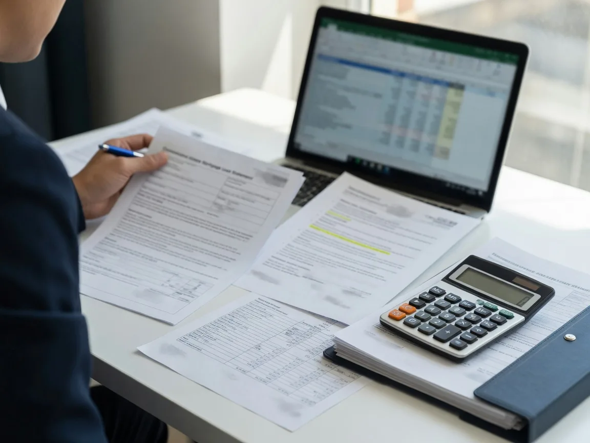 Tidy bank desk with a conventional loan statement and investor guideline pages under review.