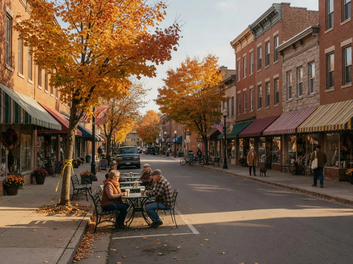A walkable small-town main street in autumn with brick storefronts, awnings, and pedestrians on wide sidewalks