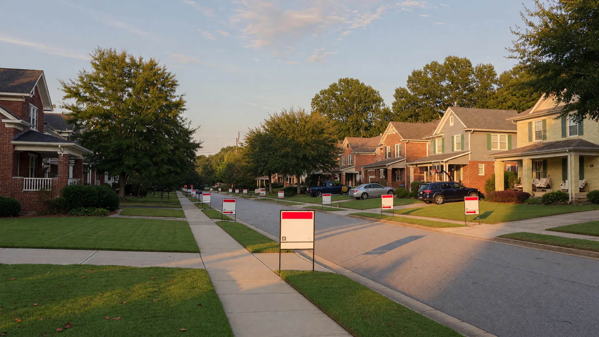 A Metro Atlanta suburban street at golden hour with classic brick and craftsman homes and a small real estate yard sign, representing the abundant inventory of the strongest buyer's market on record