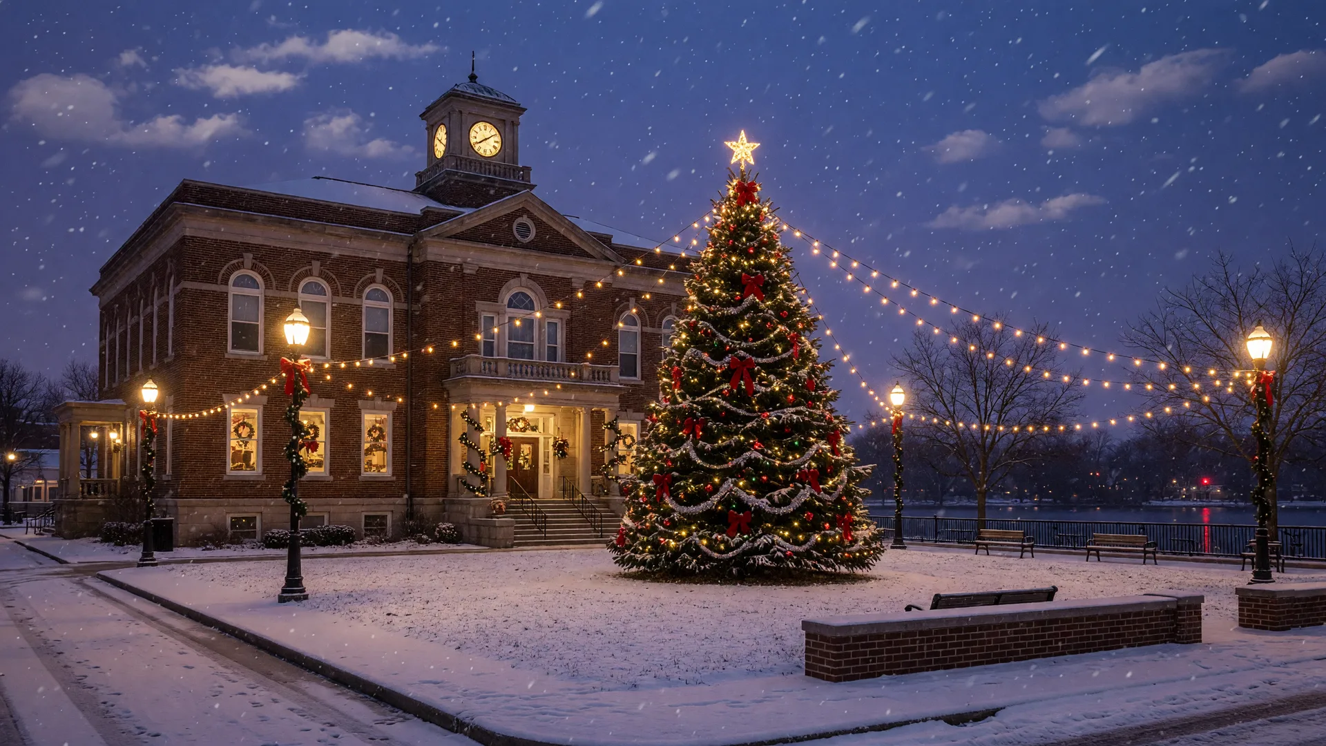 A snowy Euclid park plaza with a glowing decorated Christmas tree in front of the Shore Cultural Centre