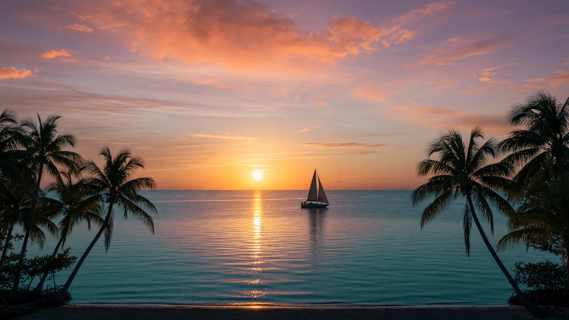 A Gulf of Mexico sunset near Naples with a gold light path across calm water and a distant sailboat