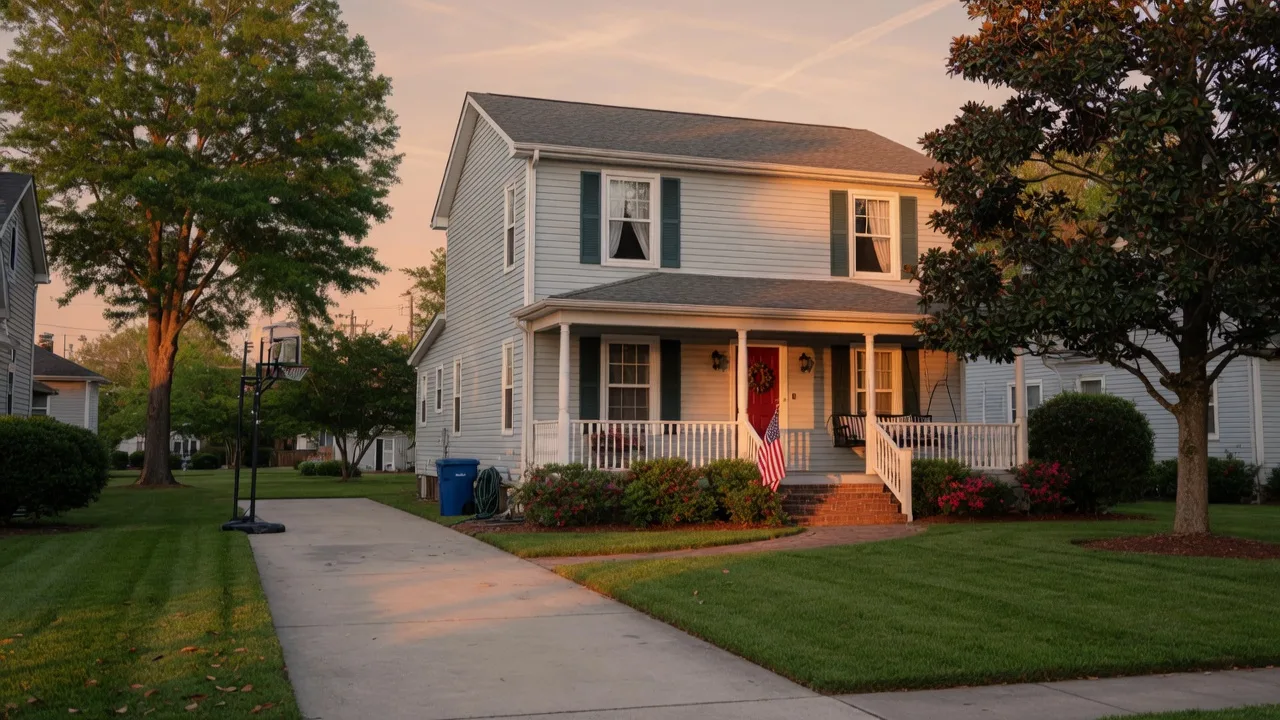 A welcoming suburban home in Hampton Roads with an American flag on the front porch in golden-hour light