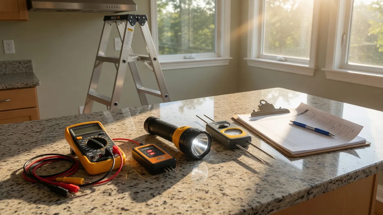 Home inspection tools, multimeter, outlet tester, flashlight, and clipboard on a kitchen counter