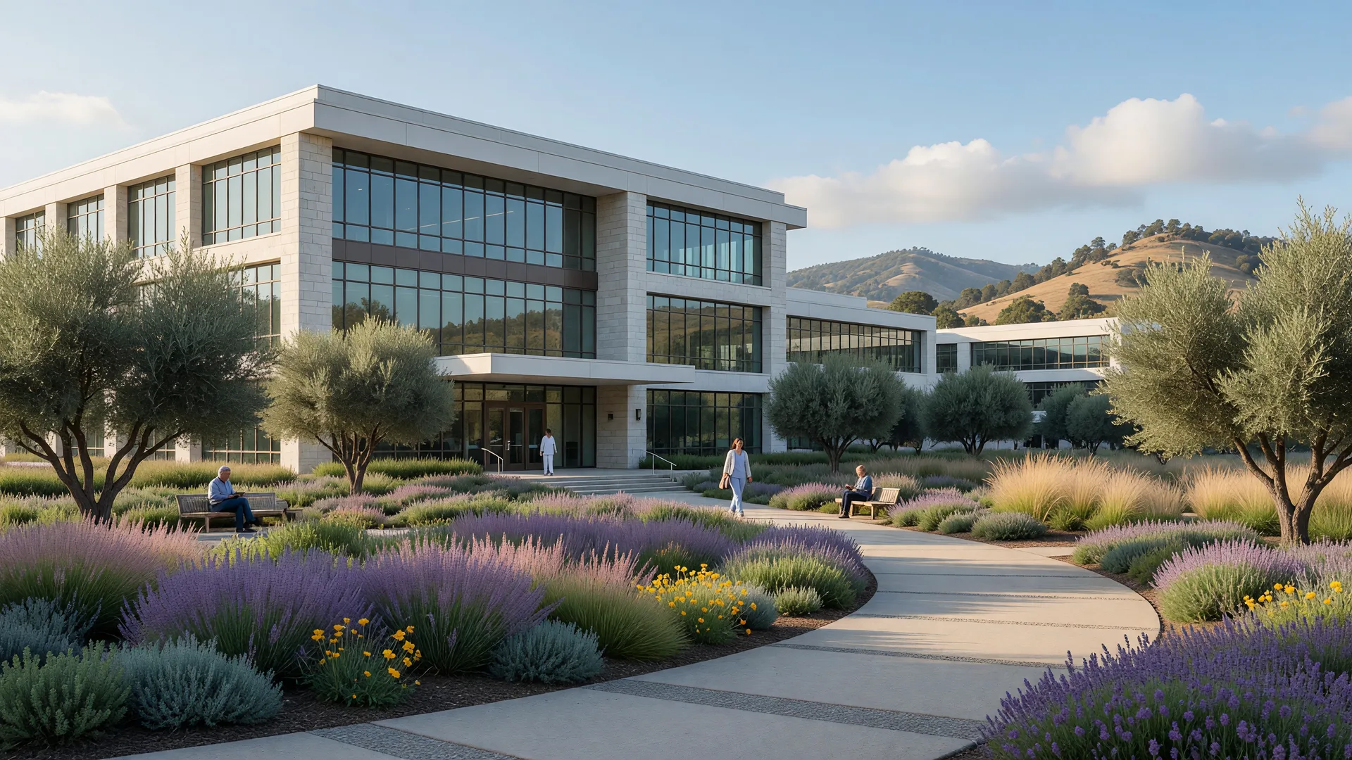 Modern medical campus in Northern California with contemporary glass architecture and drought-tolerant landscaping