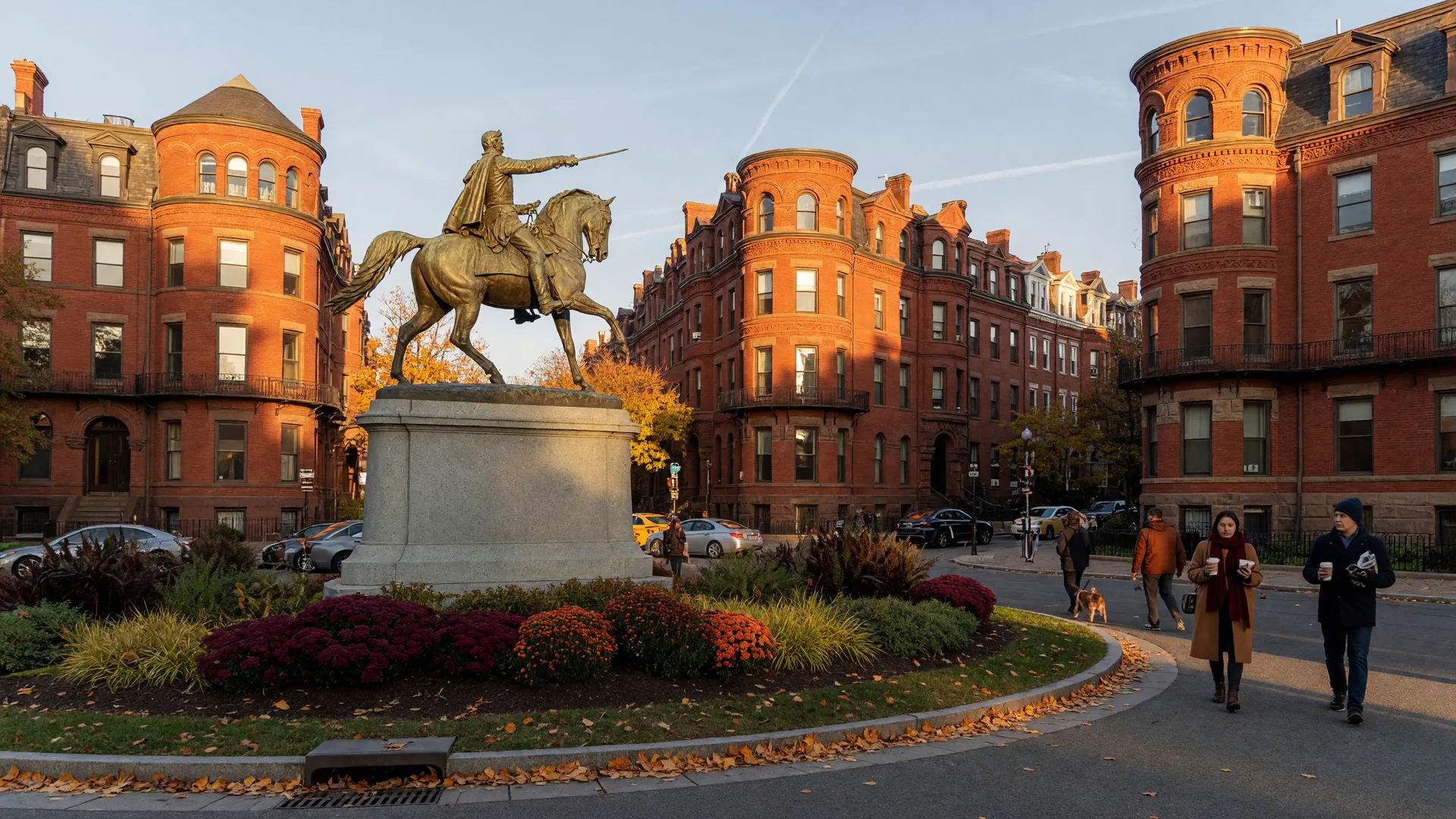 The bronze equestrian statue of General John A. Logan at the center of Logan Circle in Washington, DC on a golden October morning, with red-brick Victorian rowhouses ringing the circle and autumn leaves on the pavement