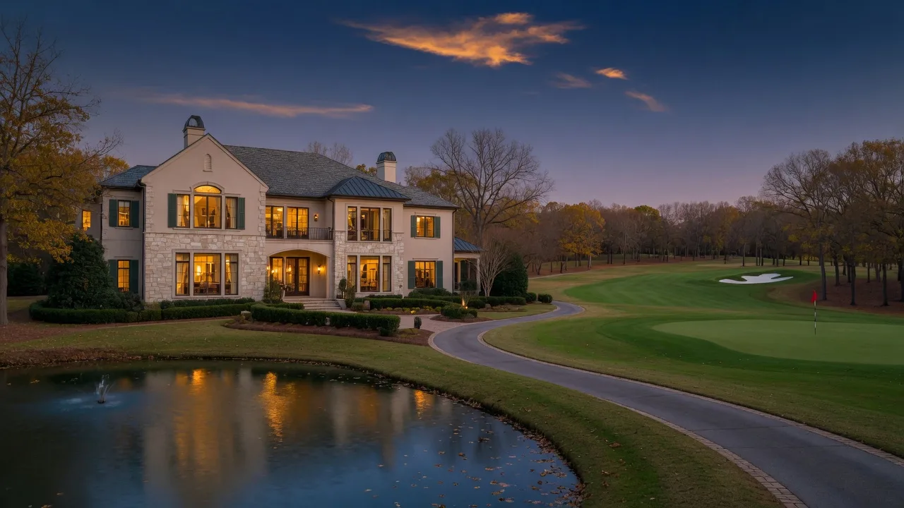 A stately stone and stucco luxury estate in an upscale Georgia golf course community glowing at dusk in late autumn, with warm lights and a manicured fairway