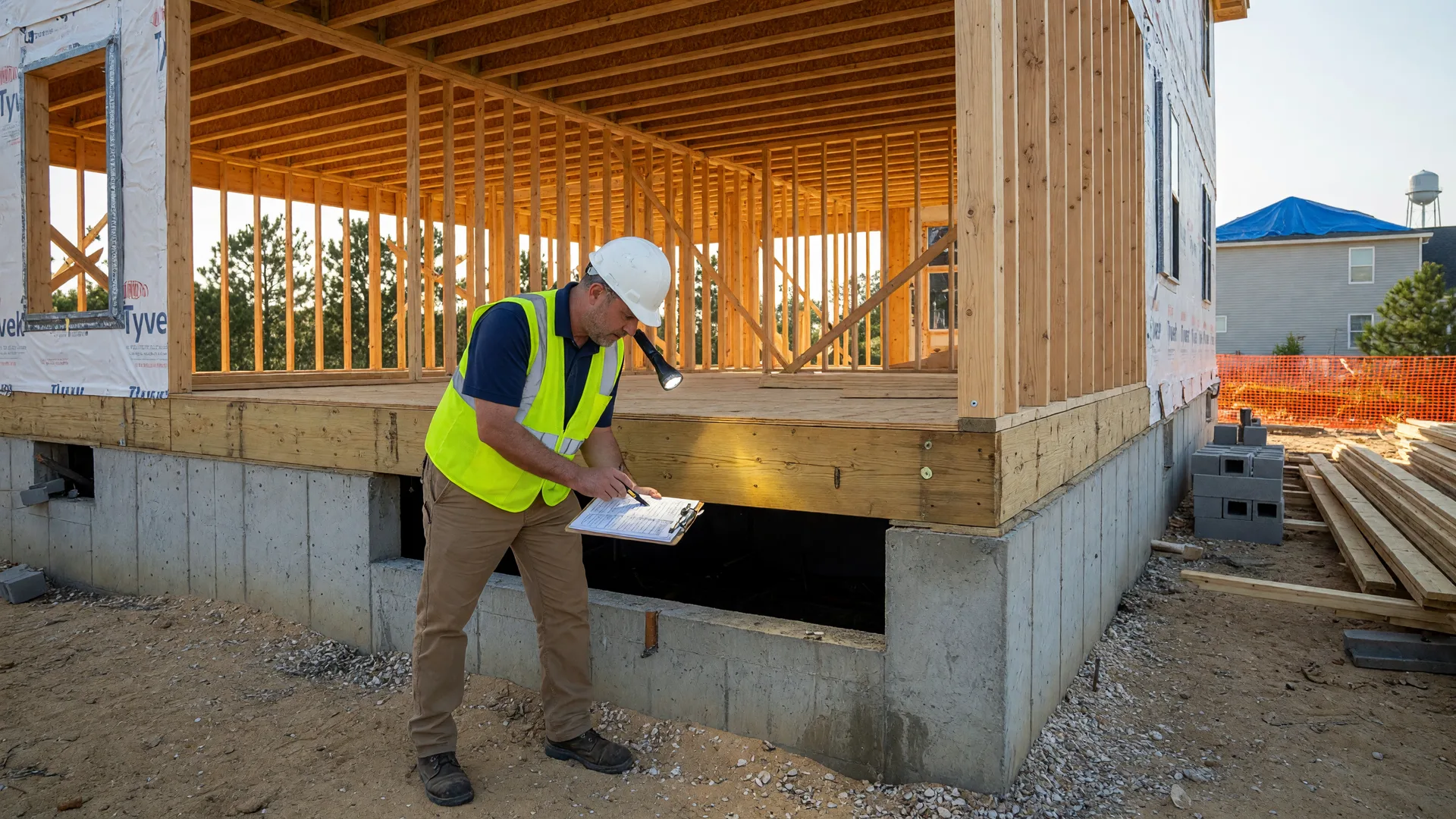 Professional home inspector examining the foundation of a newly constructed home