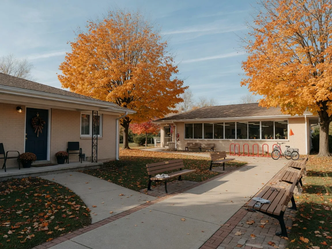 A bright active adult 55+ community in Northwest Indiana on a clear November morning with a single-story ranch villa, a paved walking path with benches, a low clubhouse with large windows, and maples turning orange and gold