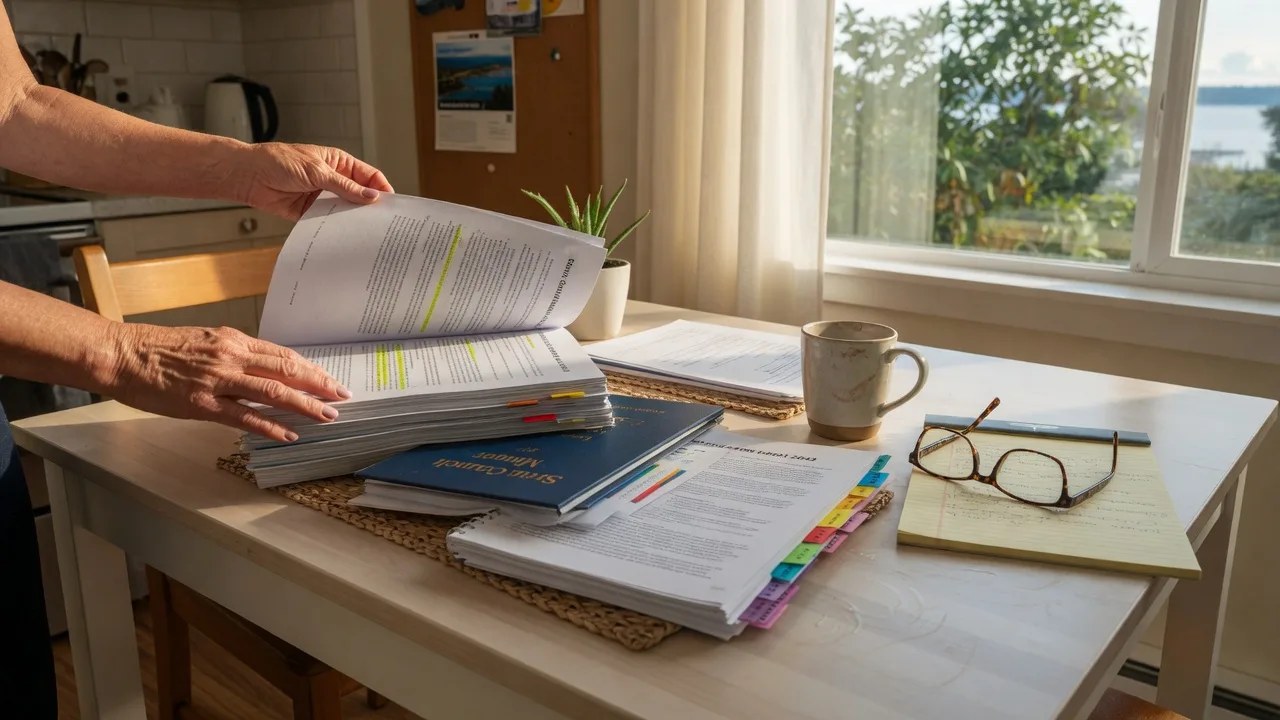 Hands reading strata council minutes, condo bylaws, and a depreciation report at a bright kitchen table in a Victoria condo