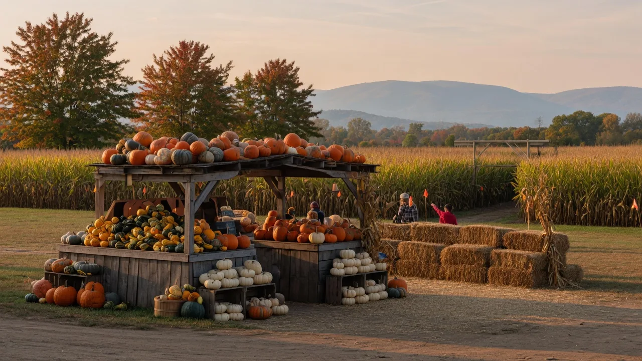 Golden late-September light on a Pennsylvania farm market stand piled with pumpkins beside a corn maze, with the Blue Mountain ridge on the horizon