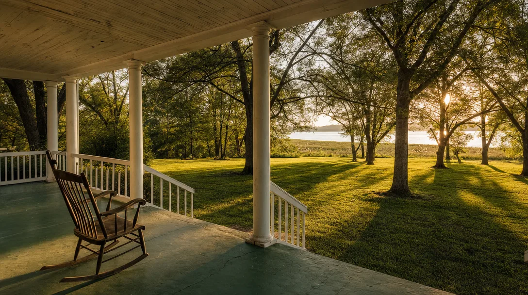Covered porch with white columns and green painted floor on a historic Georgia farmhouse, with a wooden rocking chair overlooking the lawn toward the lake in late afternoon light