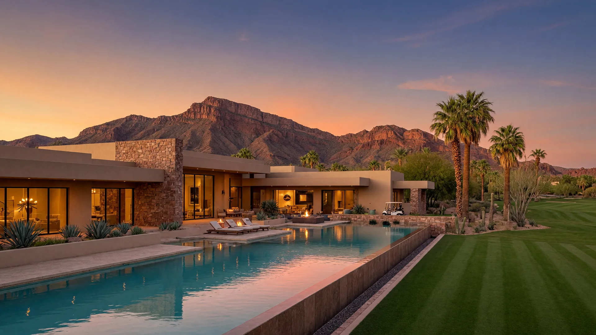 A modern luxury desert estate in Mesa, Arizona at golden hour with a resort pool, golf fairway, and Red Mountain in the distance