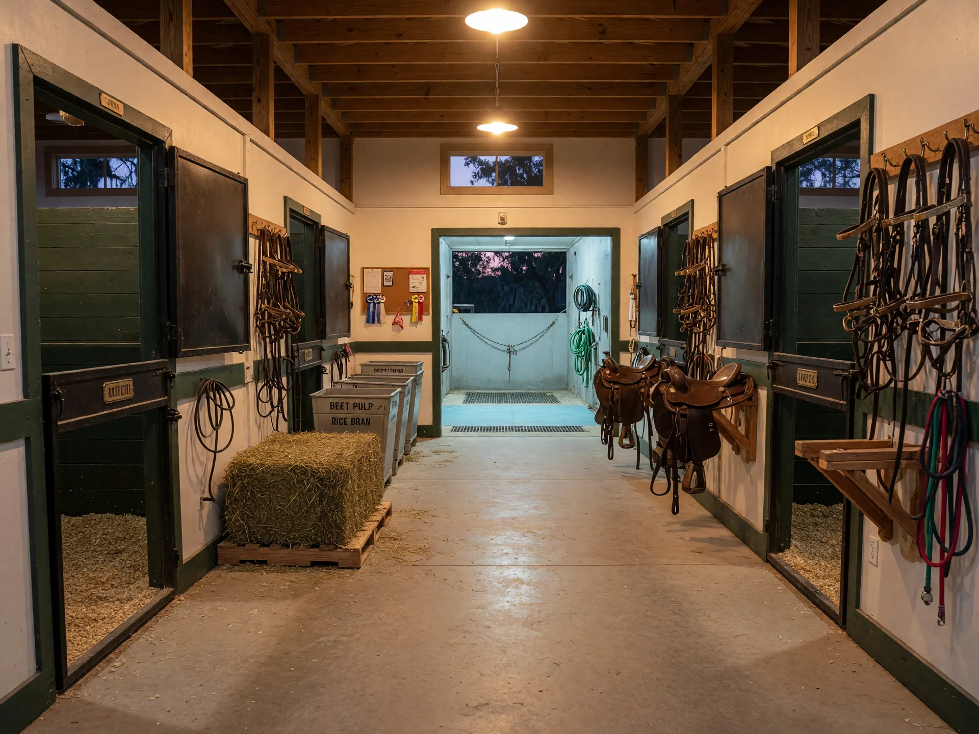 The warm, evenly lit center aisle of a well-kept Aiken horse barn in the evening, with open stall fronts, saddle racks, bridle hooks, a wash stall at the far end, and feed bins along the wall
