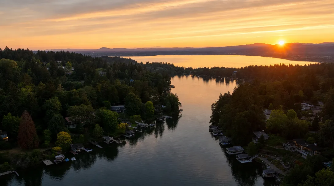 Aerial view of Oswego Lake at golden hour with calm water and wooded shoreline