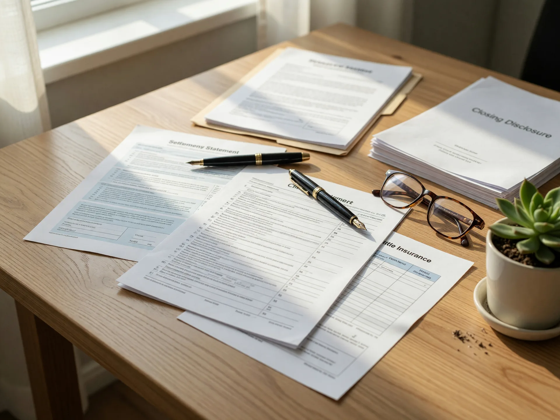 Real estate closing documents on a light oak desk with a fountain pen, reading glasses, and a small potted succulent in soft window light