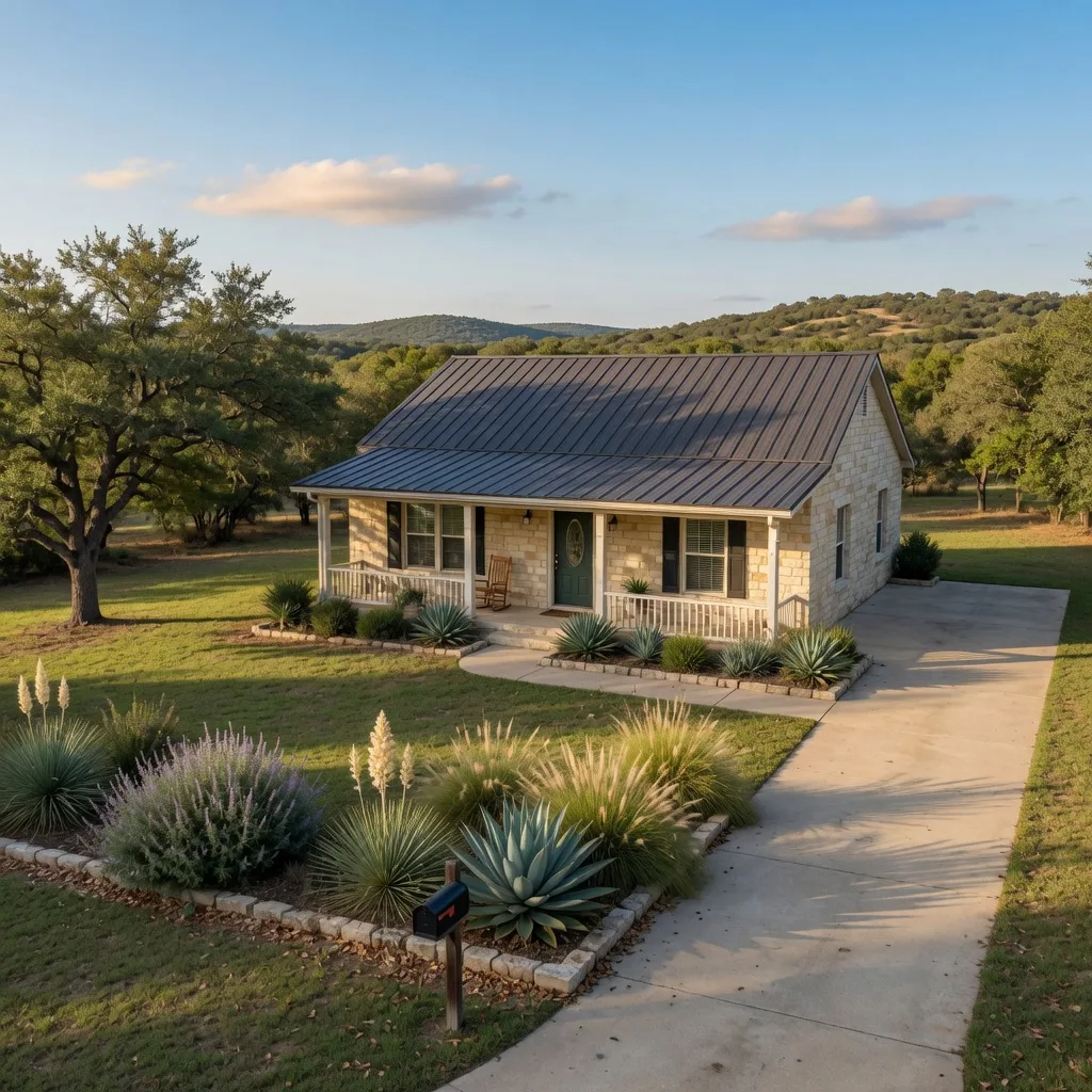 An attainable Hill Country house with a stone facade, wide front porch, and a substantial yard, representative of what the same budget buys in the Texas Hill Country