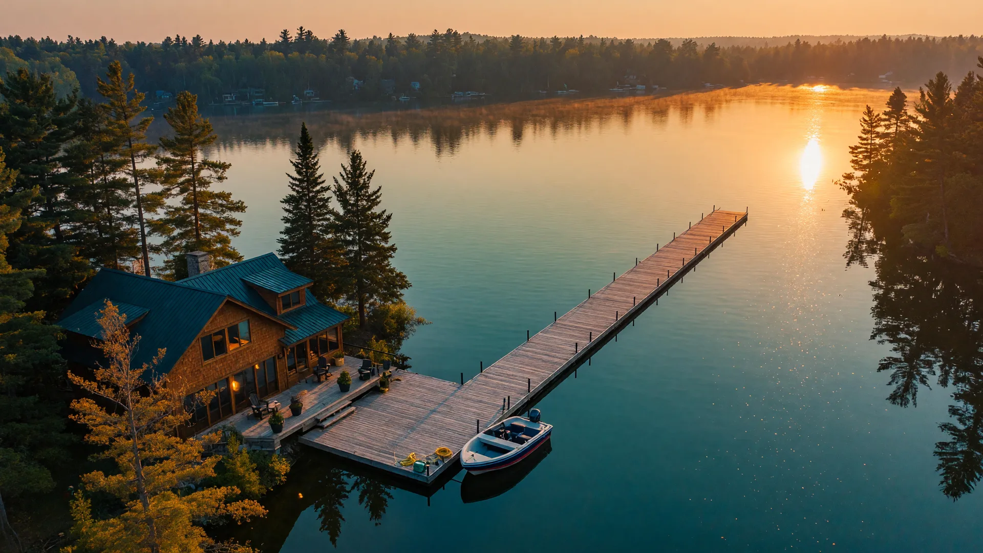 Aerial view of a lakefront home at golden hour with a long cedar dock and a moored boat on a Minnesota lake
