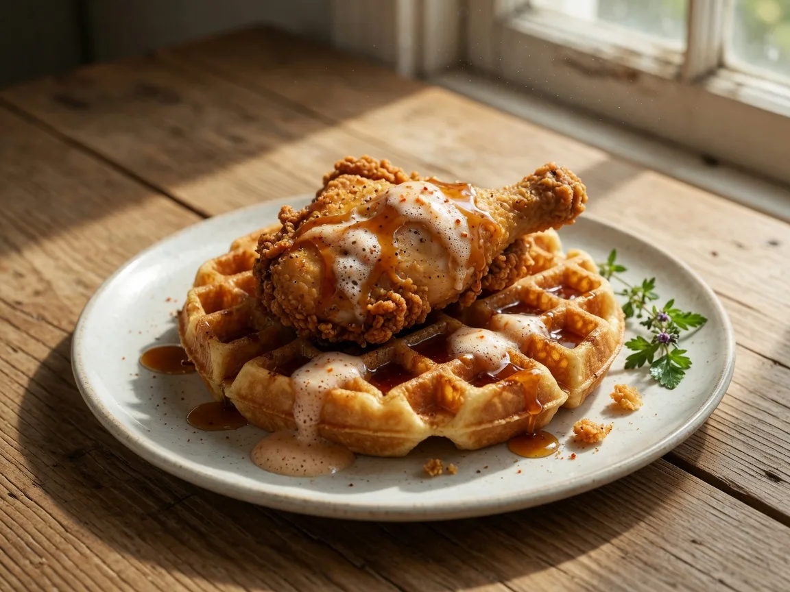 Beautifully plated Fried Chicken and Bourbon Waffle with maple syrup drizzle and hot sauce buttermilk foam at Caroline's on Main in Flowery Branch Georgia
