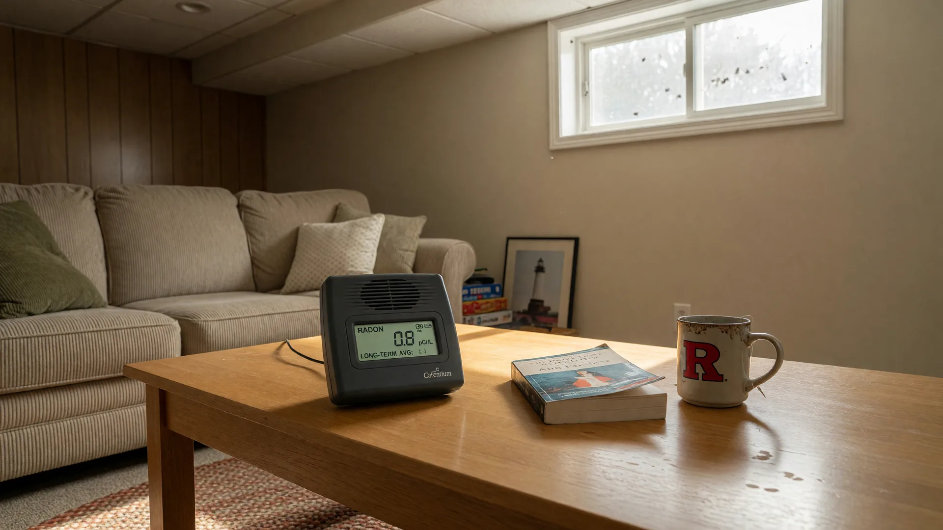 Radon test kit on a coffee table in a finished Cherry Hill basement with warm afternoon light