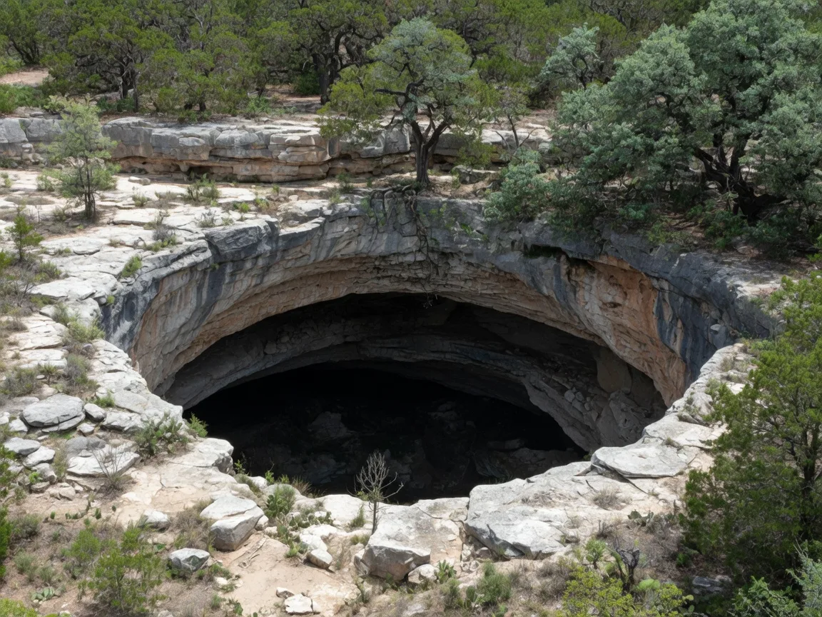 Karst limestone sinkhole in the Texas Hill Country surrounded by Ashe juniper and live oak trees, illustrating the type of sensitive geological feature protected by Edwards Aquifer regulations