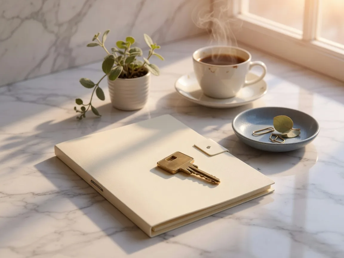 A brass house key and a cream loan document folder on a white marble countertop beside a small plant and a cup of coffee