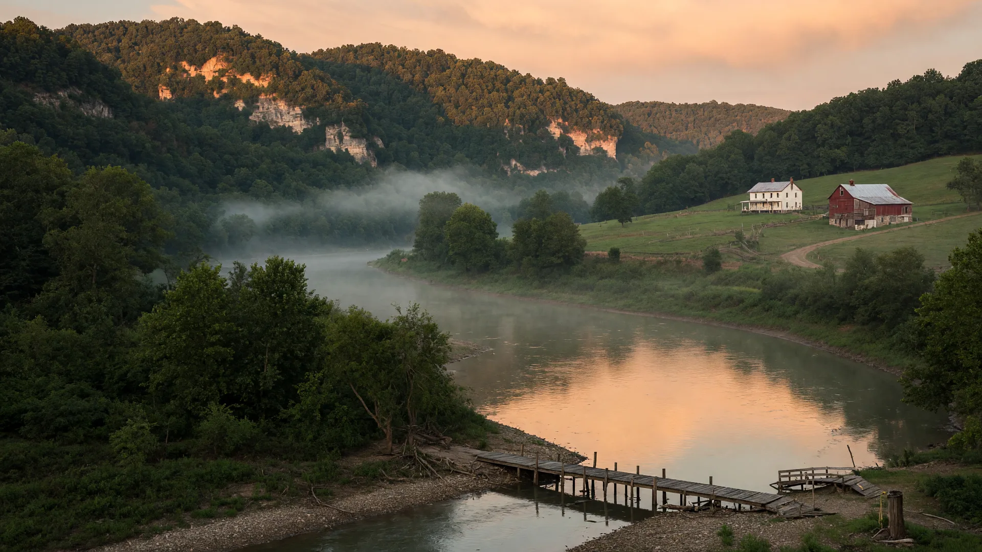 Wooded limestone hills over a calm bend of the Green River in Edmonson County at golden evening