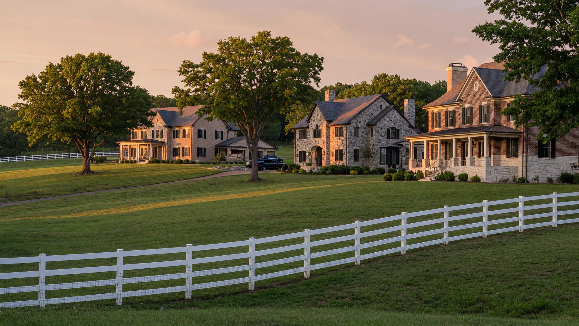 Luxury estate neighborhood in Zionsville, Indiana with stone and brick homes on rolling lots with white horse fences