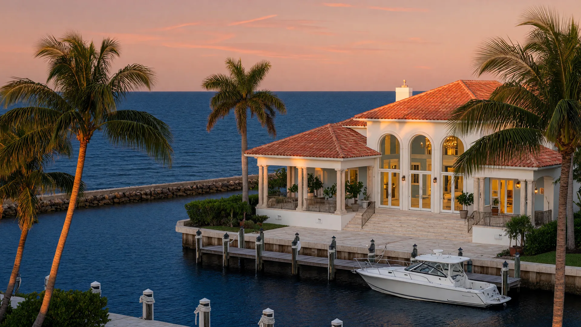 Mediterranean-style luxury waterfront estate in Naples, Florida at golden hour with a private boat dock, palms, and deep blue Gulf water