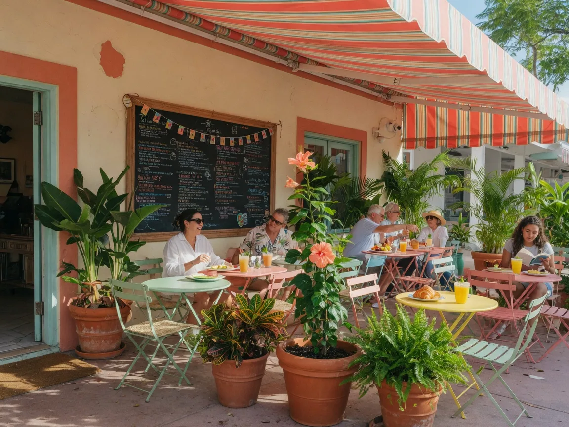 Bright and inviting casual cafe in Boca Raton with colorful outdoor seating on a sunny morning