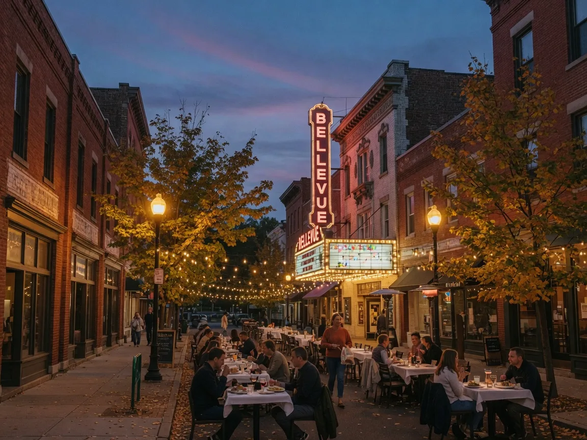 Church Street in downtown Montclair NJ on a late September evening with red brick storefronts, the vintage Bellevue Theatre marquee, outdoor restaurant tables with diners under string lights, and maples showing early autumn color