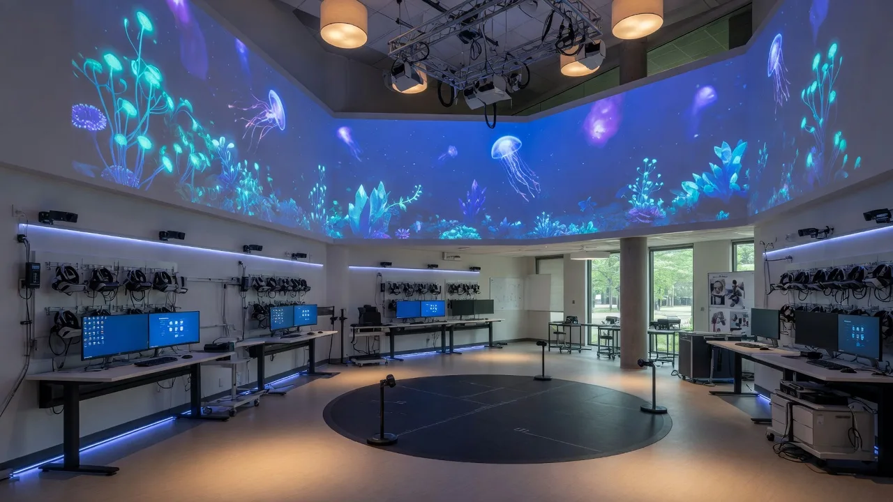 A modern university virtual reality learning lab with a free-roam pod, projection screens, and wall-mounted VR headsets and sensors