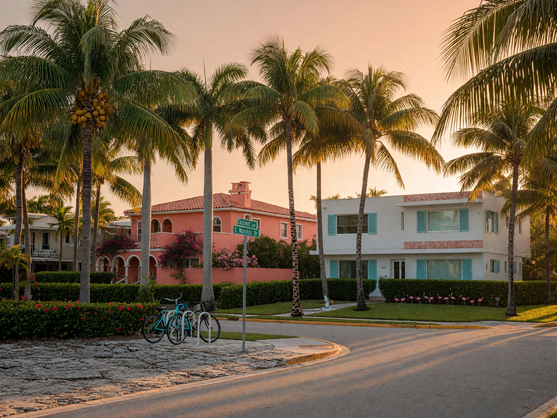 A quiet residential street on Key Biscayne at golden hour, lined with coconut and royal palms beside low Mediterranean island homes