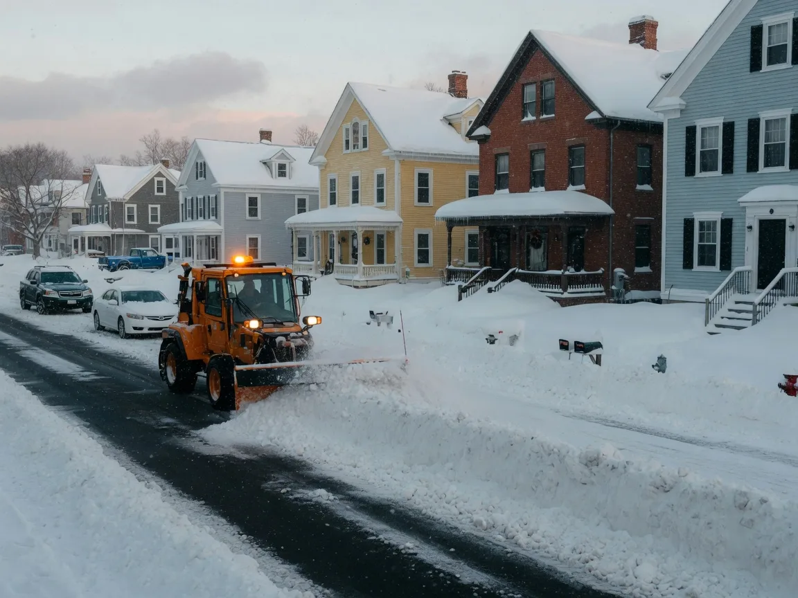 A city snowplow with its amber beacon glowing clears a residential New Haven street at first light after a snowfall, with tall snow banks along the curb