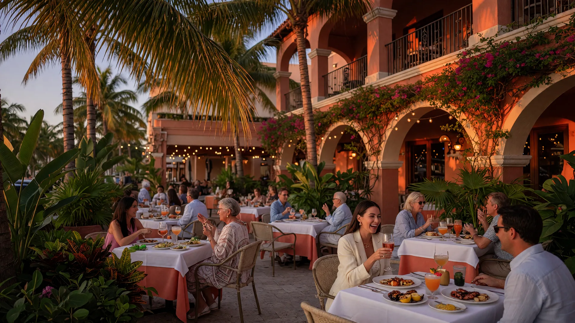 Outdoor dining in downtown Boca Raton at golden hour with palm trees and warm sunset light