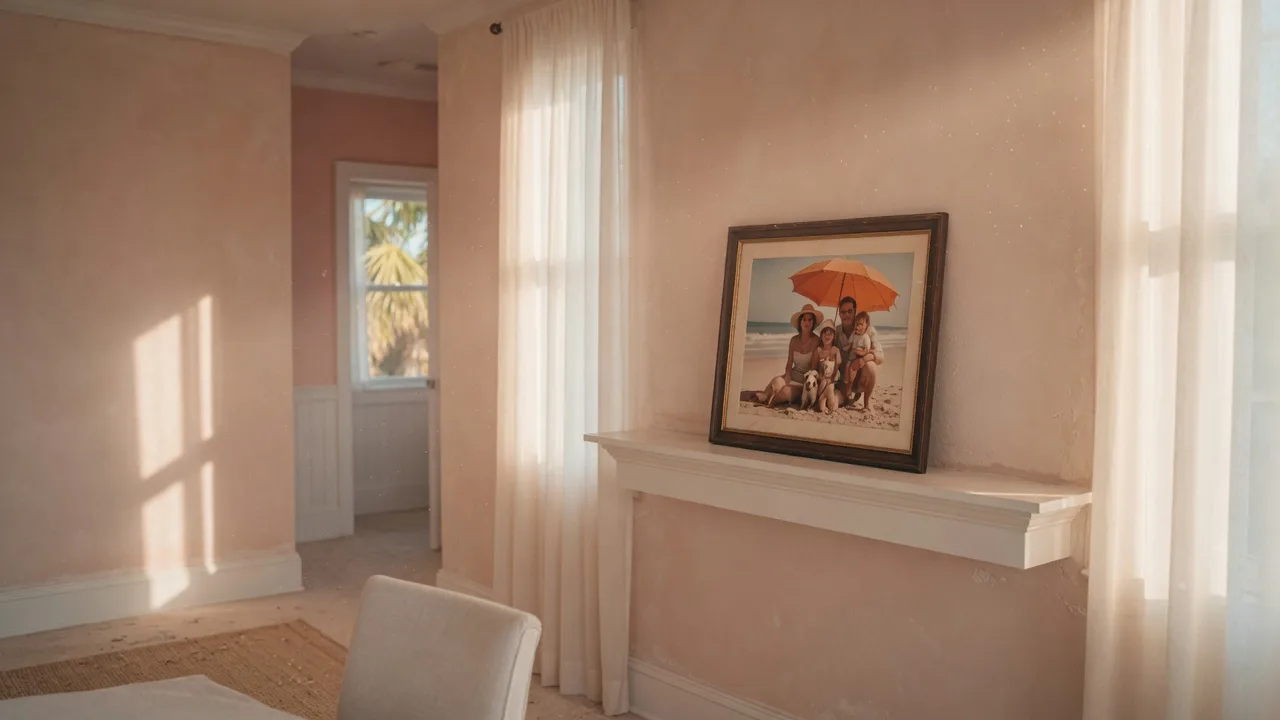 An empty sunlit coastal Florida room with a single framed family photograph on the mantle, golden afternoon light streaming through sheer curtains