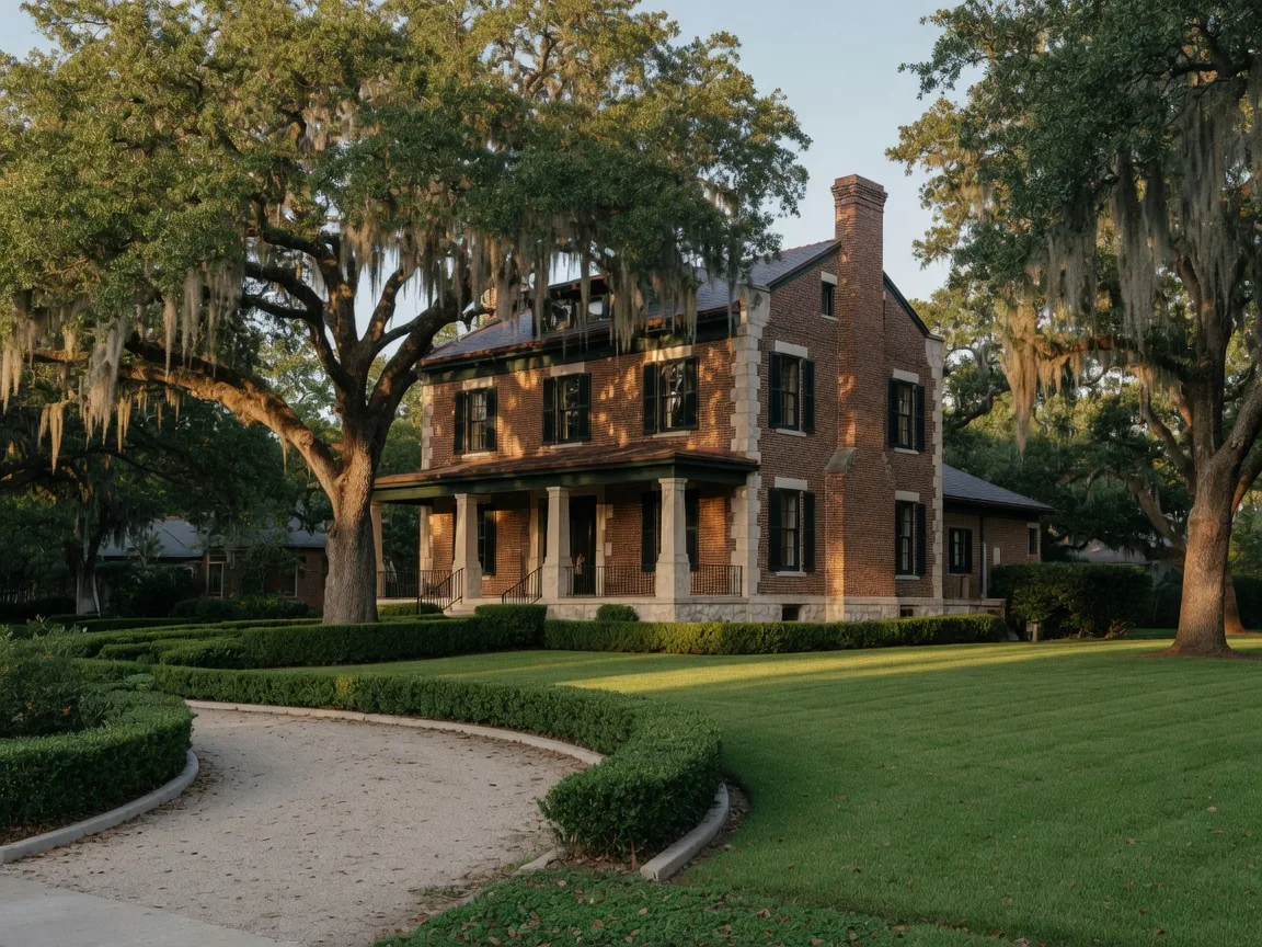 Stately two-story brick and stone estate home in Terrell Hills with manicured hedges