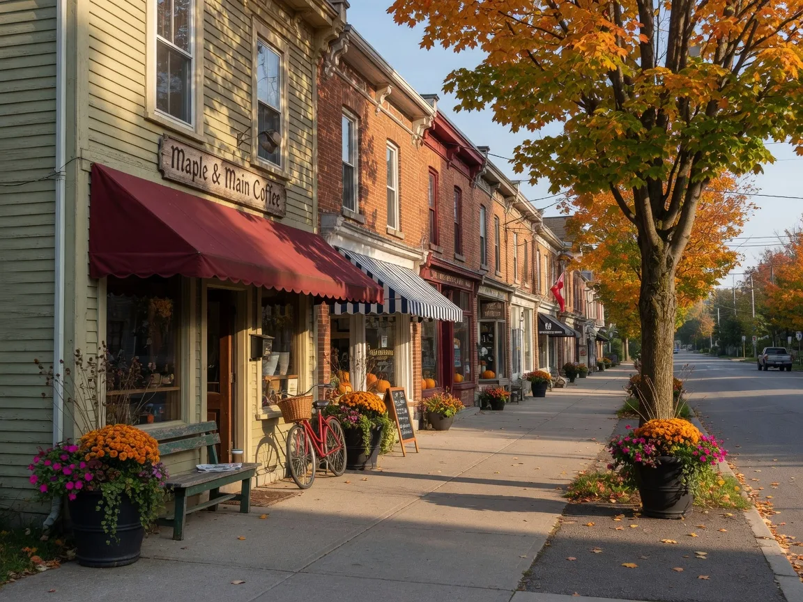 The heritage main street of Cannington village in Brock Township with storefronts, a coffee shop with a bench and bike, flower planters,and a maple tree turning orange on a bright autumn morning