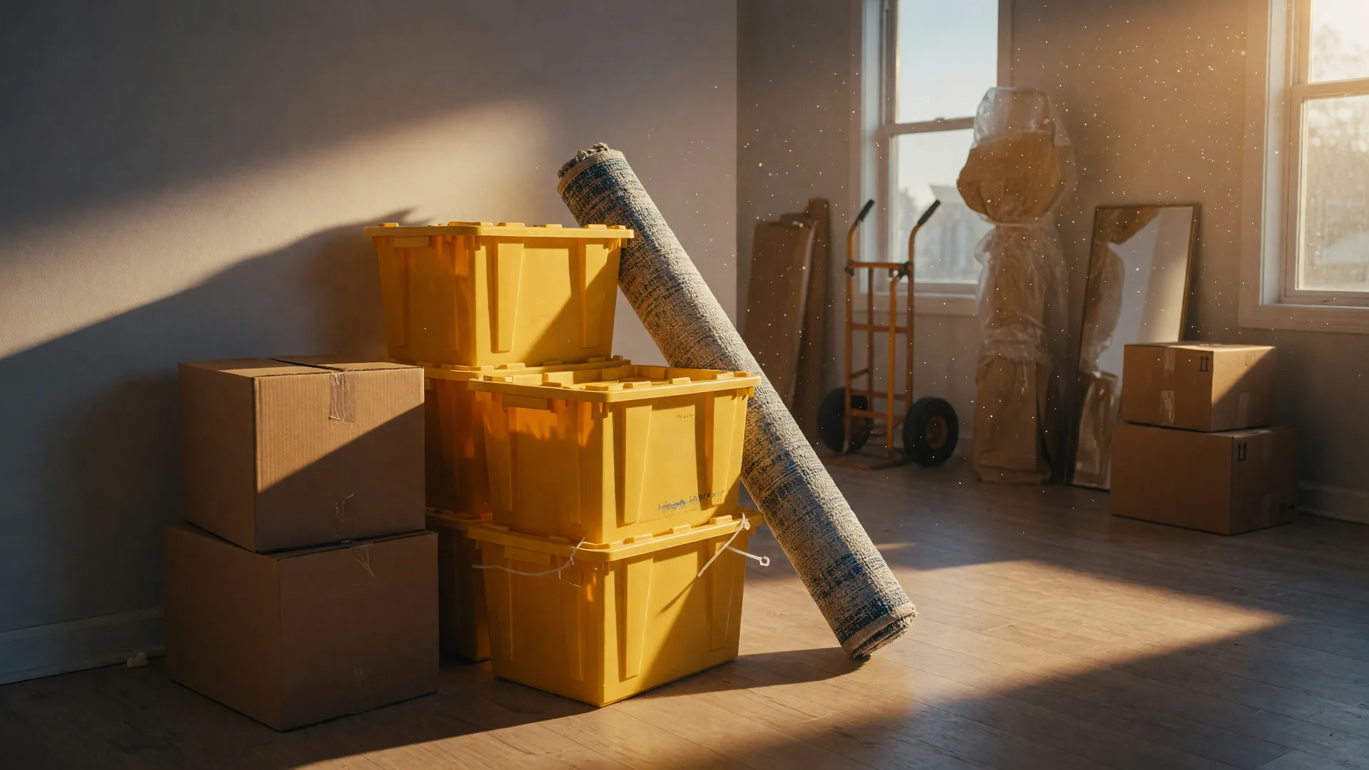 Neatly stacked moving boxes and yellow reusable plastic bins in a sunlit room, ready for a move