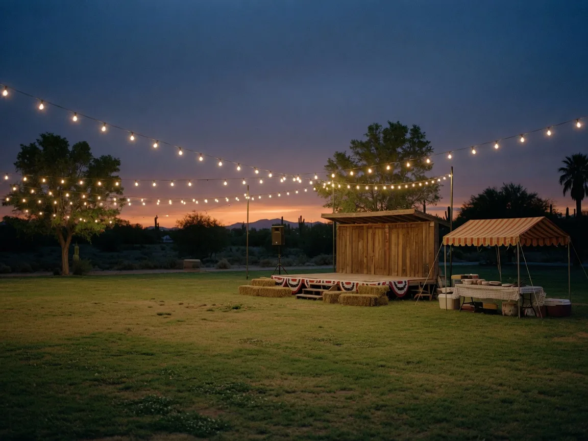 A town park at dusk with string lights over a stage and vendor booth