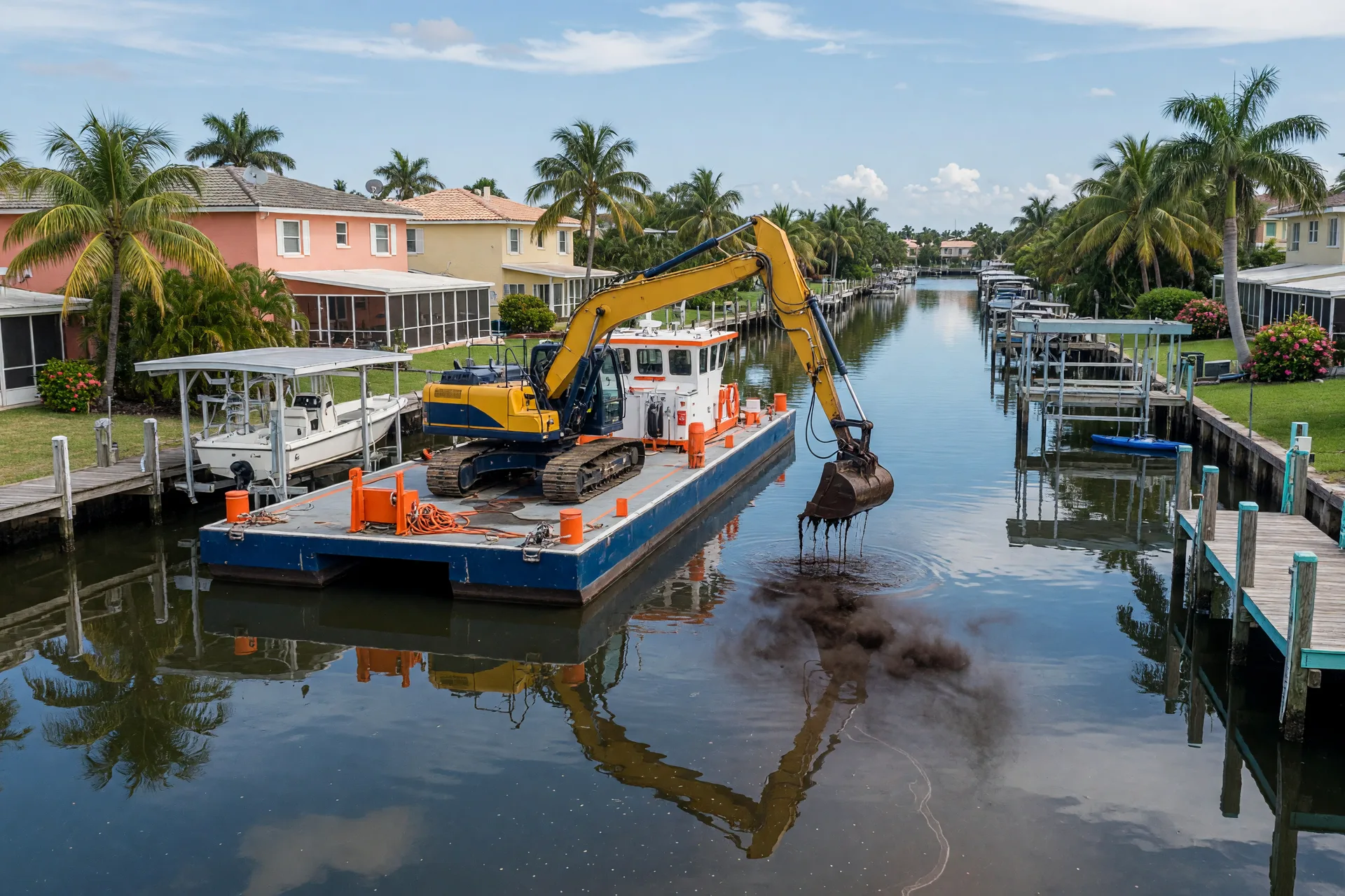 A dredging barge at work removing sediment in a South Florida waterway