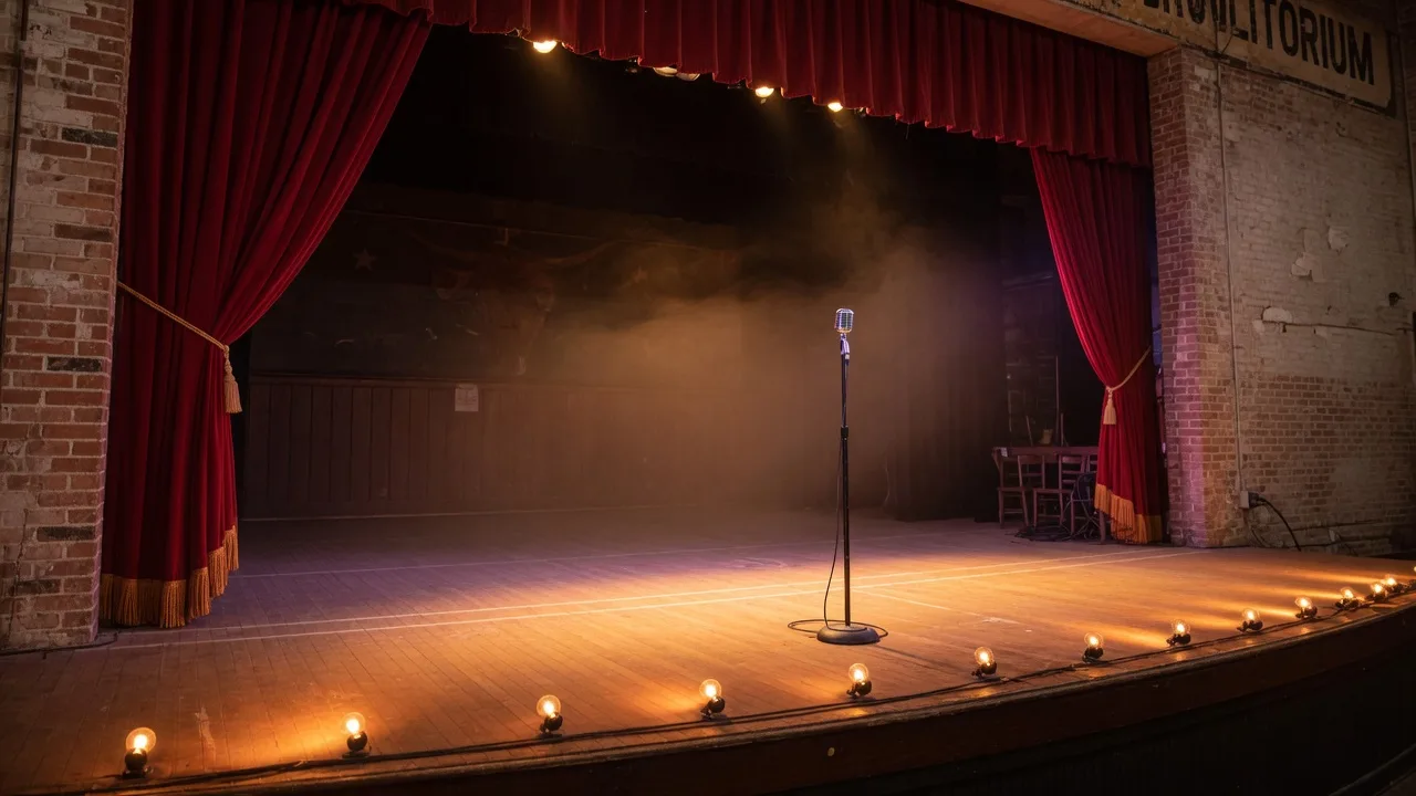 Historic Texas auditorium stage with warm footlights and a lone microphone before red velvet curtains