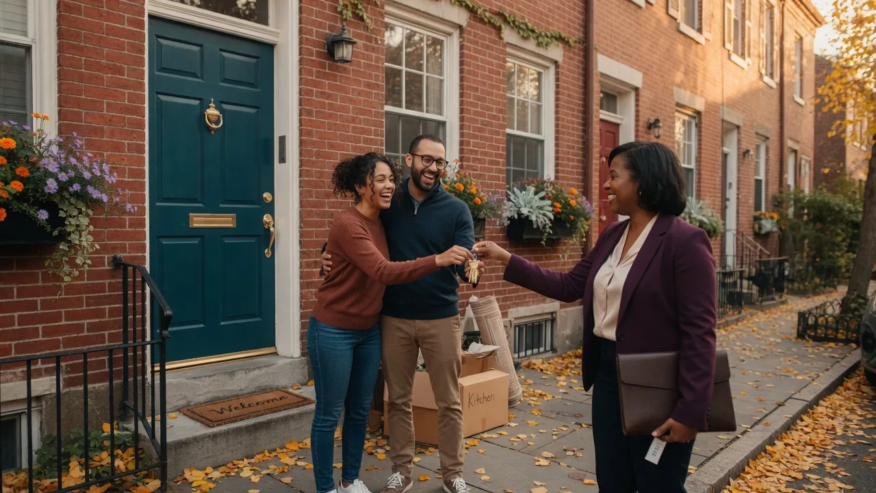Realtor handing house keys to a happy couple in front of a Philadelphia rowhome
